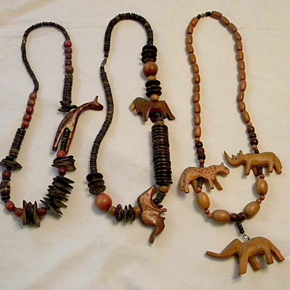 3 vintage chunky hard wood necklaces carved animal